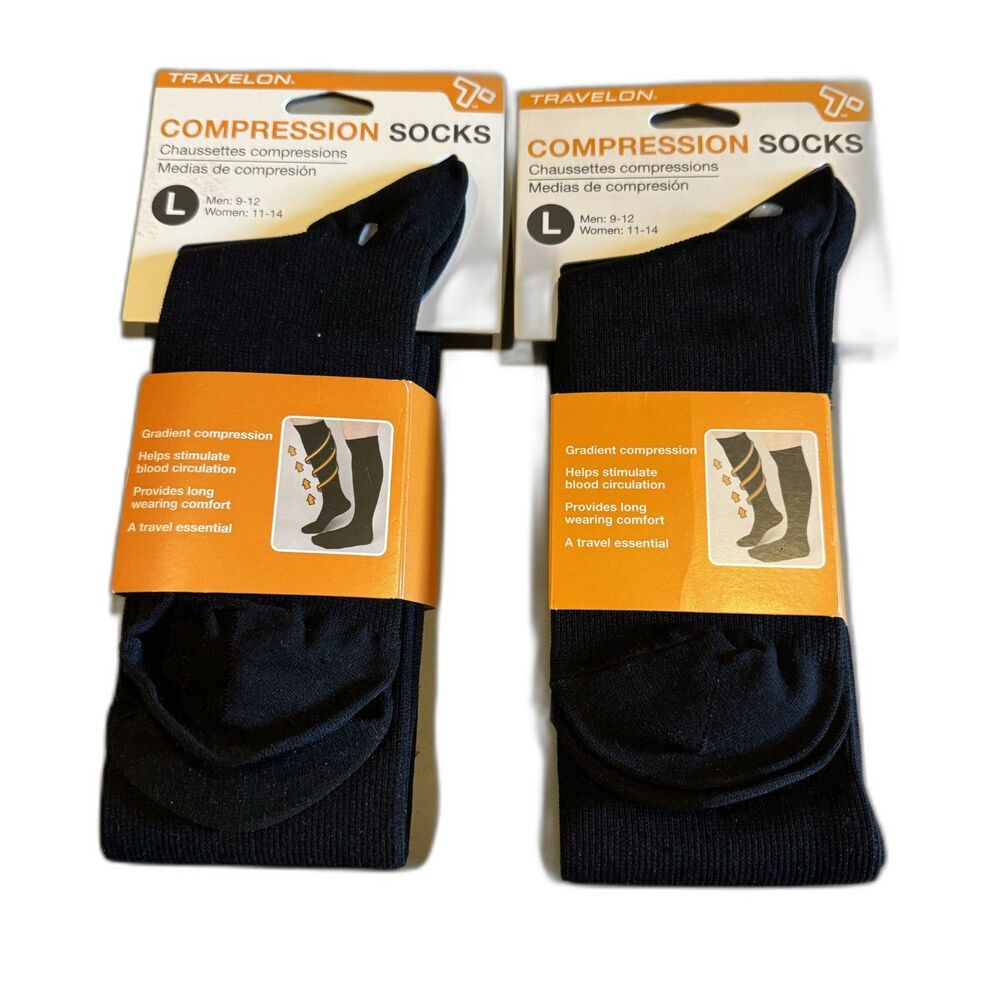 New Travelon Compression Socks 2 Pair Black Knee High Travel Support Size Large